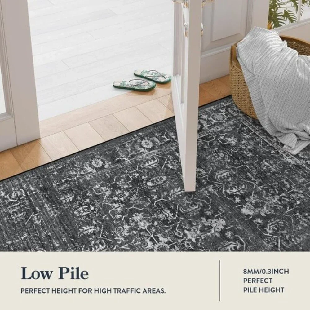 5x7 Black Washable Area Rug, Non-Slip Stain Resistant Carpet for Home & Office